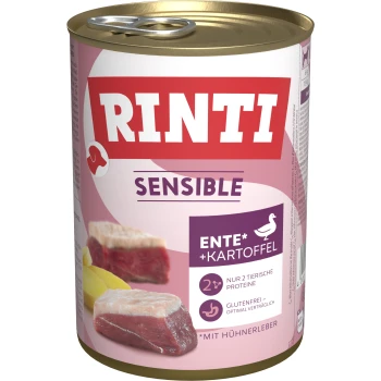 Sensible Nassfutter Hund, Adult, Dose 12x400 g Ente und Hühnerleber Rinti Sensible Hundefutterdose mit einem rosa Design, beschriftet mit 'ENTE + KARTOFFEL' (Ente + Kartoffel), mit Bildern von Fleisch und Kartoffeln.