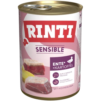 Rinti Sensible Hundefutterdose mit einem rosa Design, beschriftet mit 'ENTE + KARTOFFEL' (Ente + Kartoffel), mit Bildern von Fleisch und Kartoffeln.