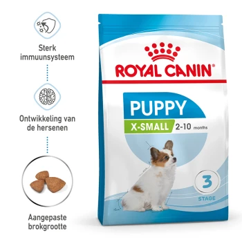 Royal Canin Puppy X-Small hondenvoerzak voor puppy's van 2-10 maanden, met nadruk op immuunondersteuning, hersenontwikkeling en op maat gemaakte brokken.