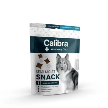 Calibra Veterinary Diets halbfeuchter Snack für Hunde, mit einem Collie auf der Verpackung, gekennzeichnet mit "Mobilitätsunterstützung" und wichtigen Vorteilen.