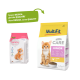 Zwei Katzenfutterpakete: "Ich bin Sammy" in Pink mit einem Kätzchen und "MultiFit Care Junior" in Gelb mit einem Katzenfoto, das die Qualität hervorhebt.