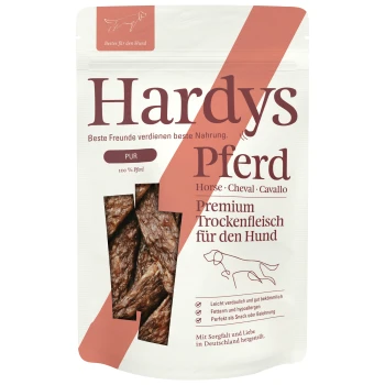 Premium getrocknete Pferdefleisch-Hundeleckerlis in einem wiederverschließbaren Beutel, beschriftet mit "Hardys Pferd", mit Text auf Deutsch über Qualität und Vorteile.