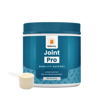 Balloony's Joint Pro Mobilitätsunterstützungspulver für Haustiere, 200g, mit Messlöffel und "vom Tierarzt formuliert"-Etikett.