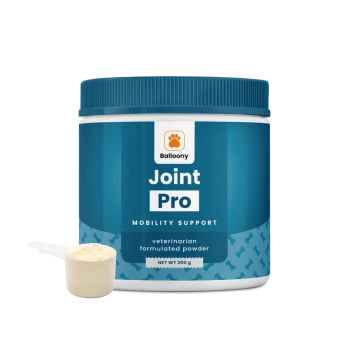 Balloony's Joint Pro Mobilitätsunterstützungspulver für Haustiere, 200g, mit Messlöffel und "vom Tierarzt formuliert"-Etikett.
