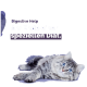 Eine flauschige graue Katze mit blauen Augen liegt auf einem lila Hintergrund, begleitet von dem Text 'Verdauungshilfe Am Ende einer speziellen Diät.'
