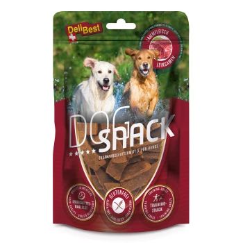 DeliBest honden snackverpakking met bruine hondensnacks, met tekst die aangeeft "glutenfrei" (glutenvrij) en "Training-Snack" (trainingssnack).
