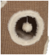 Ein gemütlicher Rückzugsort für Haustiere mit einer strukturierten braunen Außenseite und einem flauschigen weißen Rand, mit einem hängenden Pom-Pom-Spielzeug im Inneren.