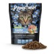 Hundefutterbeutel mit der Aufschrift 'Pawsöme! Fresh & Dry' mit Lachs-Geschmack, mit dem Gesicht einer Katze und umgeben von blauen Blumen, mit Futter davor.