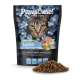 Hundefutterbeutel mit der Aufschrift 'Pawsöme! Fresh & Dry' mit Lachs-Geschmack, mit dem Gesicht einer Katze und umgeben von blauen Blumen, mit Futter davor.