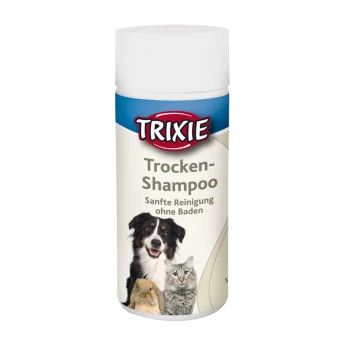 Flasche Trixie Trocken-Shampoo mit einem Hund, einer Katze und einem Kaninchen auf dem Etikett, mit dem Text 'Trocken-Shampoo' und 'Sanfte Reinigung ohne Baden.'