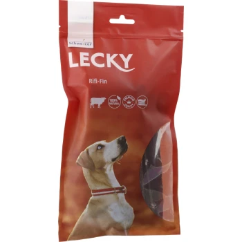 Rote Verpackung von LECKY Rifi-Fin Hundeleckerlis mit einem Hund, der nach oben schaut. Der Text hebt "100% Natürlich" und "Premium Qualität" hervor.