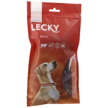 Rote Verpackung von LECKY Rifi-Fin Hundeleckerlis mit einem Hund, der nach oben schaut. Der Text hebt "100% Natürlich" und "Premium Qualität" hervor.