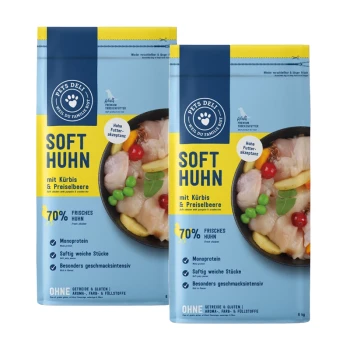 Zwei Pakete Pet Deli Soft Huhn mit Huhn, Kürbis und Cranberries; 70% frisches Huhn, Monoprotein, glutenfrei.