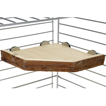 Holz-Eckregal für Haustierkäfige mit natürlicher Oberfläche und Metallstützen, entworfen für kleine Tiere.