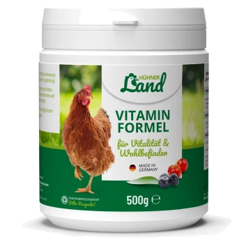 Behälter mit HühnerLand Vitamin Formel für Hühner, 500g, mit einer braunen Henne, mit Text zur Förderung von Vitalität und Wohlbefinden, hergestellt in Deutschland.