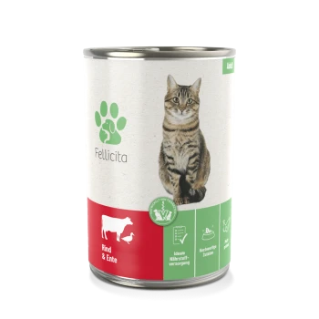 Eine Dose Fellicita Katzenfutter mit einer getigerten Katze auf dem Etikett, mit Text, der "Rind & Ente" (Rind & Ente) und ernährungsphysiologischen Vorteilen angibt.