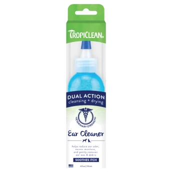 TropiClean Dual Action Ear Cleaner for pets, veterinary strength, soothes itch, 4 fl oz, reduces odor and removes wax.