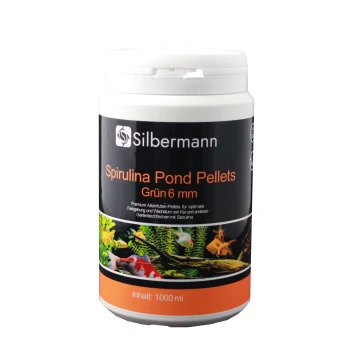 Behälter mit Silbermann Spirulina Teichpellets, 6 mm, 1000 ml, mit einem schwarzen Etikett mit bunten Fischillustrationen und Produktdetails.