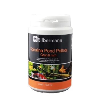 Behälter mit Silbermann Spirulina Teichpellets, 6 mm, 1000 ml, mit einem schwarzen Etikett mit bunten Fischillustrationen und Produktdetails.