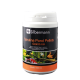 Behälter mit Silbermann Spirulina Teichpellets, 6 mm, 1000 ml, mit einem schwarzen Etikett mit bunten Fischillustrationen und Produktdetails.
