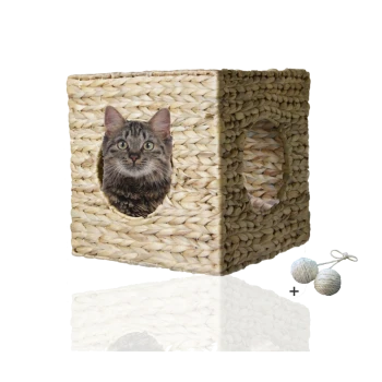 Eine getigerte Katze schaut aus einem geflochtenen Strohwürfel mit zwei runden Öffnungen, begleitet von zwei kleinen, runden Katzenspielzeugen.