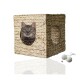 Eine getigerte Katze schaut aus einem geflochtenen Strohwürfel mit zwei runden Öffnungen, begleitet von zwei kleinen, runden Katzenspielzeugen.