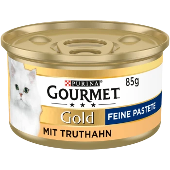 Purina Gourmet Gold Katzenfutterdose, 85g, Truthahn-Geschmack, mit weißer Katzenabbildung und Text „Feine Pastete“ und „Mit Truthahn“.