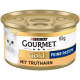 Purina Gourmet Gold Katzenfutterdose, 85g, Truthahn-Geschmack, mit weißer Katzenabbildung und Text „Feine Pastete“ und „Mit Truthahn“.