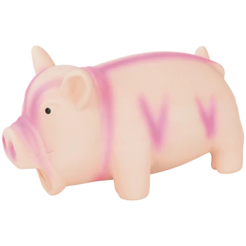 Hellrosa Quietschschwein-Spielzeug für Hunde mit lila Airbrush-Streifen, mit offener Schnauze und kleinem schwarzen Auge.