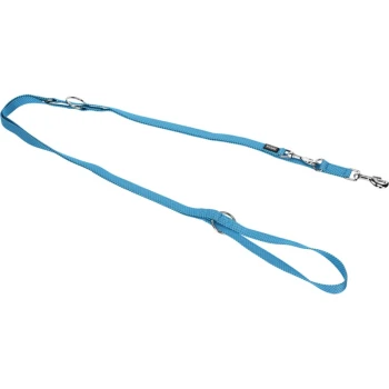 Laisse pour animaux de compagnie bleue avec une poignée rembourrée et des clips en métal, conçue pour le confort et la durabilité.