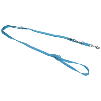 Blaue Haustierleine mit einem gepolsterten Griff und Metallclips, entworfen für Komfort und Haltbarkeit.