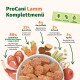 Verpackung von ProCani Lamm Komplettmenü mit einer Schüssel Haustierfutter, mit aufgelisteten Zutaten: 80% Lamm-Mix, 11% Karotten, 4% Kartoffeln, 2% Erbsen, 2% Apfel.