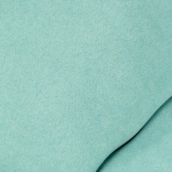 Gros plan sur un tissu vert menthe doux et texturé, probablement d'un vêtement pour animaux de compagnie.