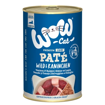 Dosen-Hundefutter mit der Aufschrift "WOW-Cat Premium Senior Paté", das Wild und Kaninchen enthält, mit einem blauen Hintergrund und der Erklärung "getreidefrei".