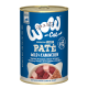 Dosen-Hundefutter mit der Aufschrift "WOW-Cat Premium Senior Paté", das Wild und Kaninchen enthält, mit einem blauen Hintergrund und der Erklärung "getreidefrei".