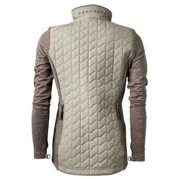 Rückansicht einer gesteppten Hundetrainingweste in Hellgrau mit einem braunen Langarmstoff, mit dem Text "DOGCOACH" am Kragen.