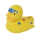 A bright yellow rubber duck with blue and red polka dots, featuring a smiling face and a blue band across its eyes.