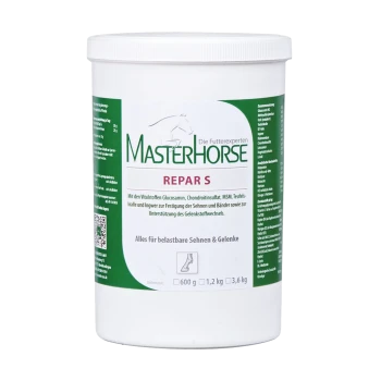 Behälter von MasterHorse Repar S, einem Ergänzungsmittel für die Gelenk- und Sehnengesundheit von Pferden, mit Inhaltsstoffen wie Glucosamin und MSM.