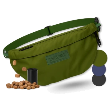 Olivegrünes Haustierzubehör-Tasche mit einem Reißverschluss-Oberfach und verstellbarem Riemen, mit einem Logo-Patch, das 'piuper' trägt.