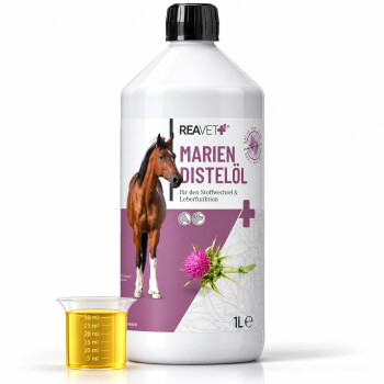 Flasche mit REAVET Marien Distelöl für den Stoffwechsel und die Leberfunktion von Pferden, mit einem Messbecher Öl daneben.