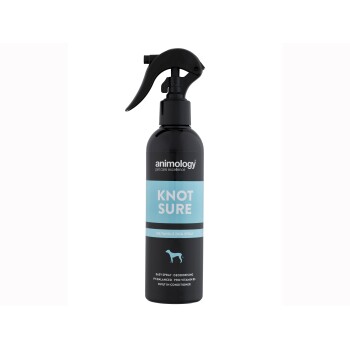 Black spray bottle labeled "KNOT SURE" de-tangle dog spray by Animology, featuring easy spray, deodorising, pH balanced, and pro-vitamin B5.