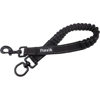 Schwarze Bungee-Hundeleine mit einem stabilen Clip und Floxik-Logo, entworfen für Komfort und Kontrolle während der Spaziergänge.