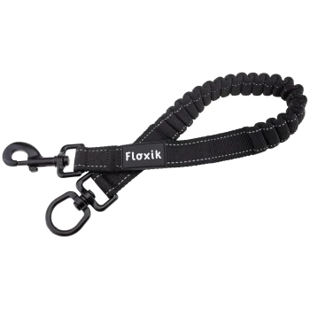 Schwarze Bungee-Hundeleine mit einem stabilen Clip und Floxik-Logo, entworfen für Komfort und Kontrolle während der Spaziergänge.