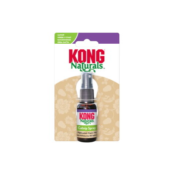 Butelka KONG Naturals Catnip Spray w opakowaniu blister, etykieta z napisem 'KONG Naturals' i 'Catnip Spray' na beżowej karcie w kwiatowy wzór.