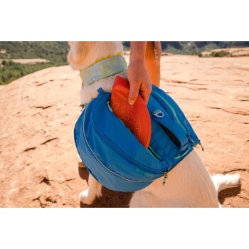 Eine Person legt einen roten Frisbee in einen blauen Hunderrucksack mit der Aufschrift "RUFFWEAR", während ein Golden Retriever auf einer felsigen Oberfläche steht.