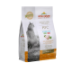 Katze Futterbeutel mit "Almo Nature HFC Sterilised" und einer Katzensilhouette, mit der Aufschrift "100% Frisches Huhn" und "Harnwegspflege", 300g.