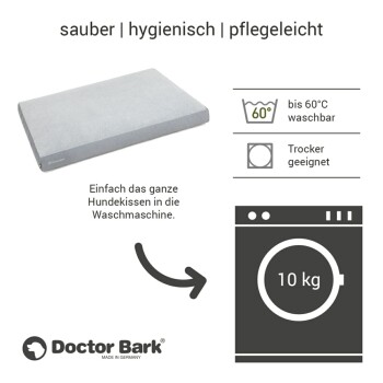 Graues Hundebett mit dem Hinweis, dass es bis zu 60 °C waschbar, trocknergeeignet und pflegeleicht ist, mit der Marke Doctor Bark.