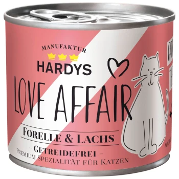 Love Affair Katze Nassfutter Lachs und Forelle 6 x 185 g Dose Hardy's Love Affair getreidefreies Katzenfutter mit Forelle und Lachs, rosa Etikett mit Katzenillustration.