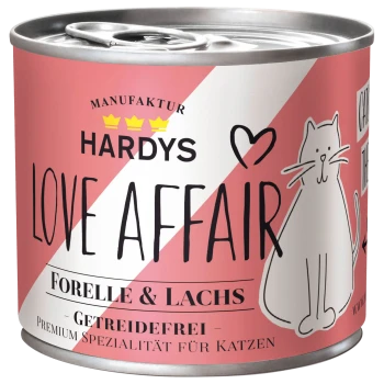 Dose Hardy's Love Affair getreidefreies Katzenfutter mit Forelle und Lachs, rosa Etikett mit Katzenillustration.