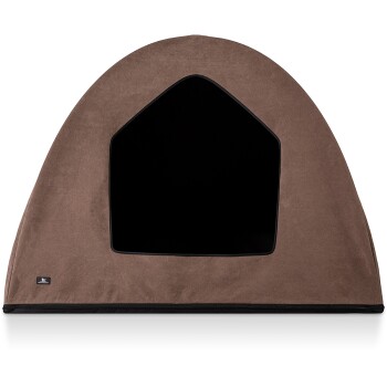 Braunes Haustierzelt mit dreieckiger Form und einem großen Eingang, entworfen für kleine Tiere, um einen gemütlichen Versteckplatz zu bieten.
